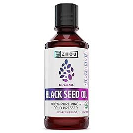 ZHOU Organic Black Seed Oil - Black Cumin Seed Oil Cold Pressed, Nigella Sativa, Pure Unrefined Blackseed Liquid, Premium Supplement for Health with Thymoquinone, Omega 3 6 9-4 Fl Oz (Pack of 1)