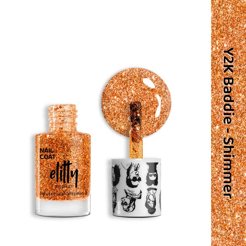 Image of Elitty Nail Polish For Women, Long Lasting Nail Coats, 12 Toxin Free, Infused with Witch Hazel, Vit E, Vegan & Cruelty Free, Shimmer - Y2K Baddie (Rusty Orange), 6 ML