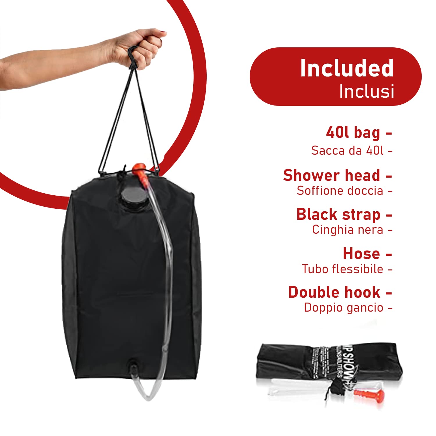 Borsa Doccia Solare da Campeggio, 20L/40L Riscaldamento Solare Borsa da Campeggio Maxi, Doccia Portatile con Tubo Rimovibile e Soffione per Campeggio, Escursionismo Trekking attività all'aperto