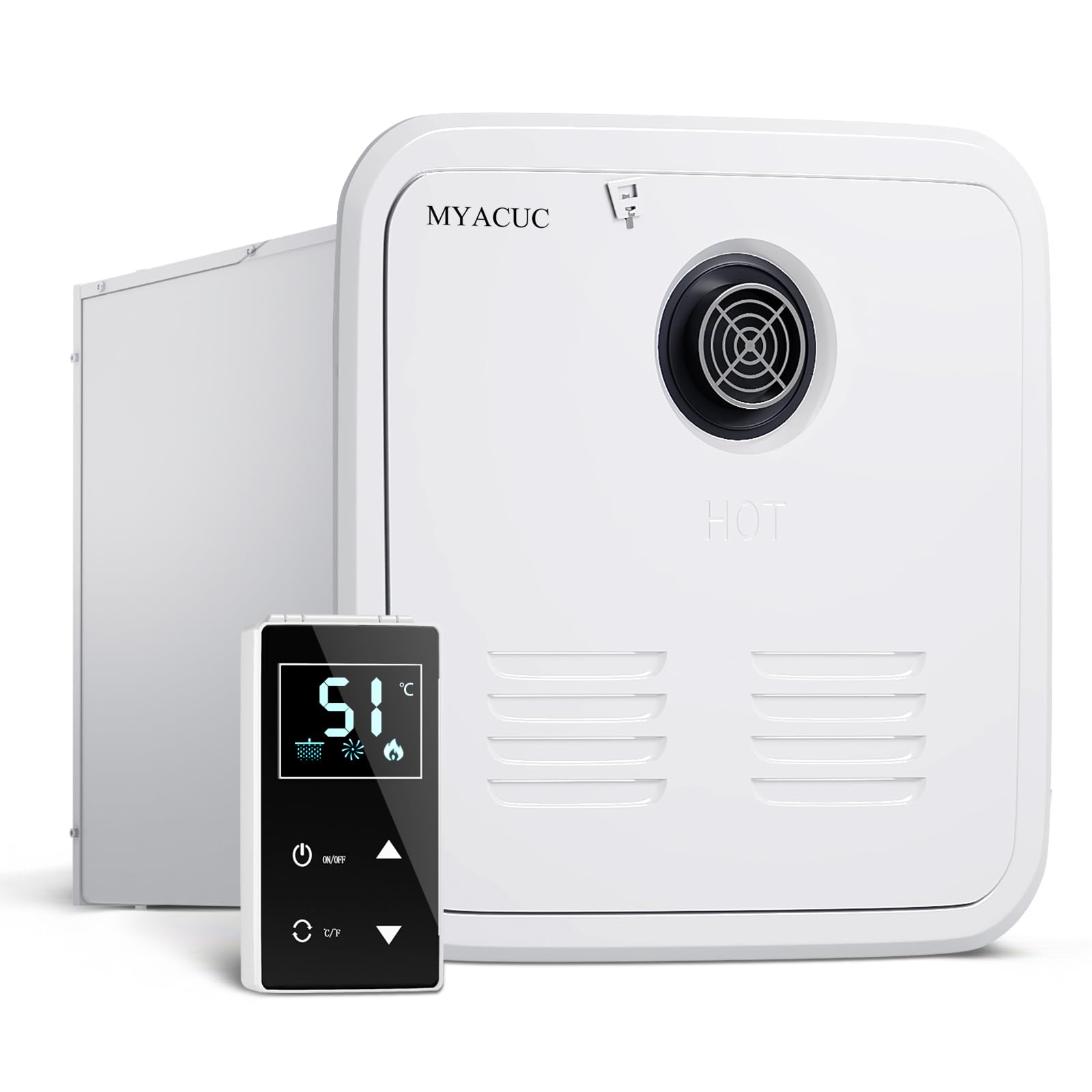 Scaldabagno Senza Serbatoio per Camper a Propano, MYACUC 55000 BTU Scaldabagno a Richiesta per Camper con Telecomando e Porta da 15“ x 15”, Scaldabagno Istantaneo per Camper