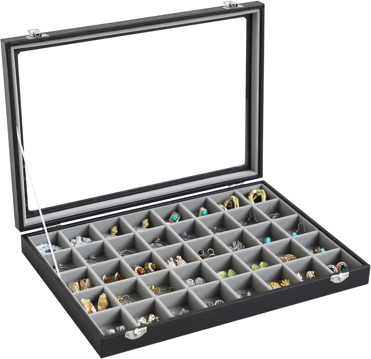 Stratalife Jewelry Organizer 40 Grid Gray Black Jewelry Tray with Clear Dust-proof Lid Velvet Earring Organizer Necklace Rings Holder Display Drawer Storage Case for Women 40 Grid Gray-Black
