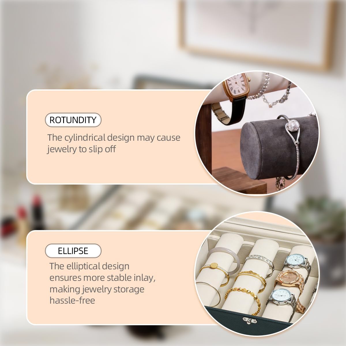 Jewelry Box Leather Bracelet Case Glass Lid with 4 Rods Beige Velvet, Bangle and Watch Box for Woman Velvet Watch Case