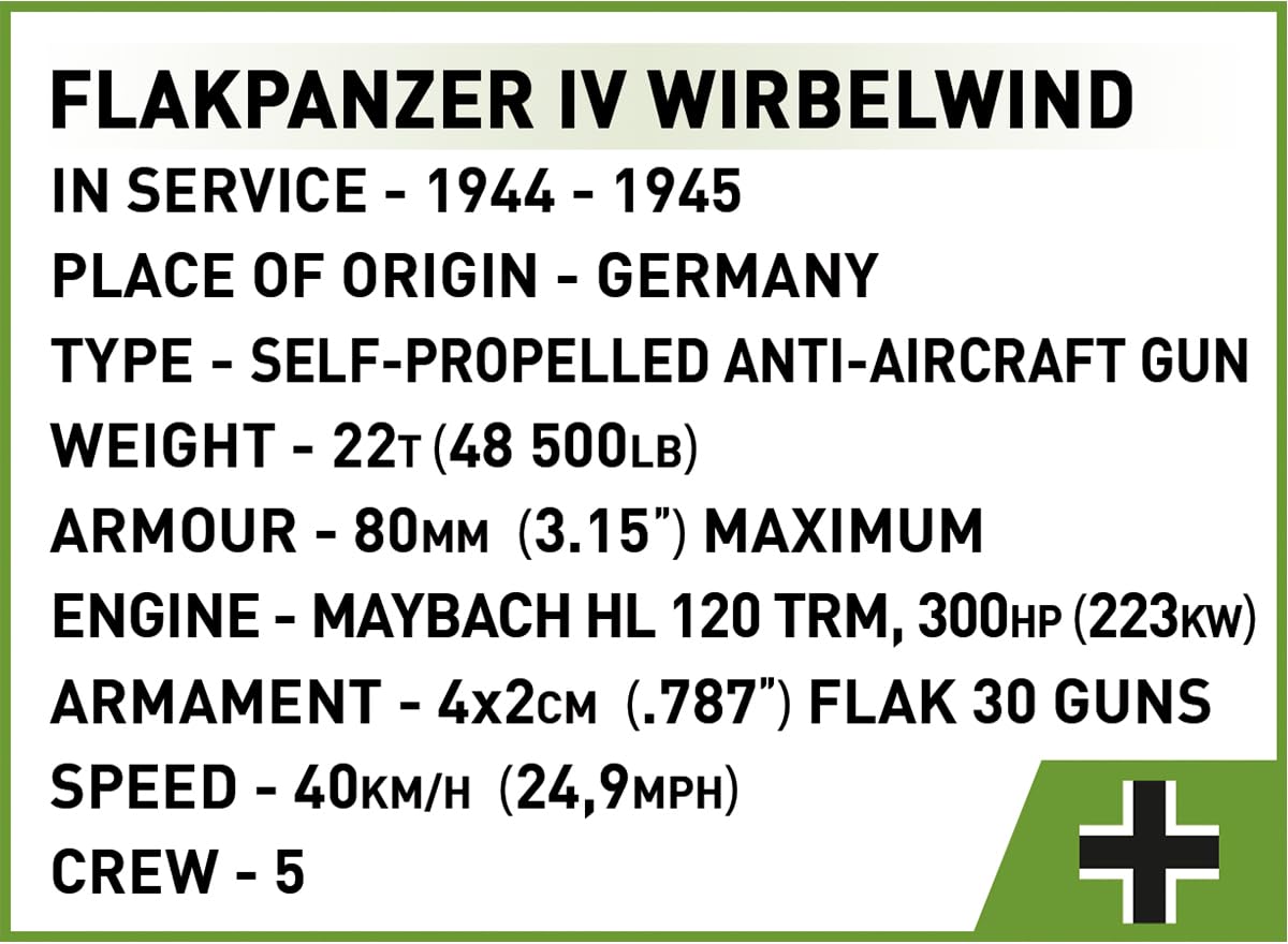 COBI Flakpanzer IV Wirbelwind Scale 1:28 1195/1f, Olivgrün-braun (Olive Green-Brown)