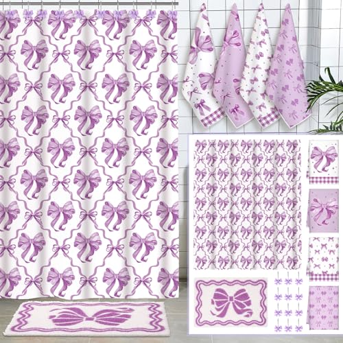 Fourluoo 18 Pcs Purple Bow Fabric Shower Curtain Set with