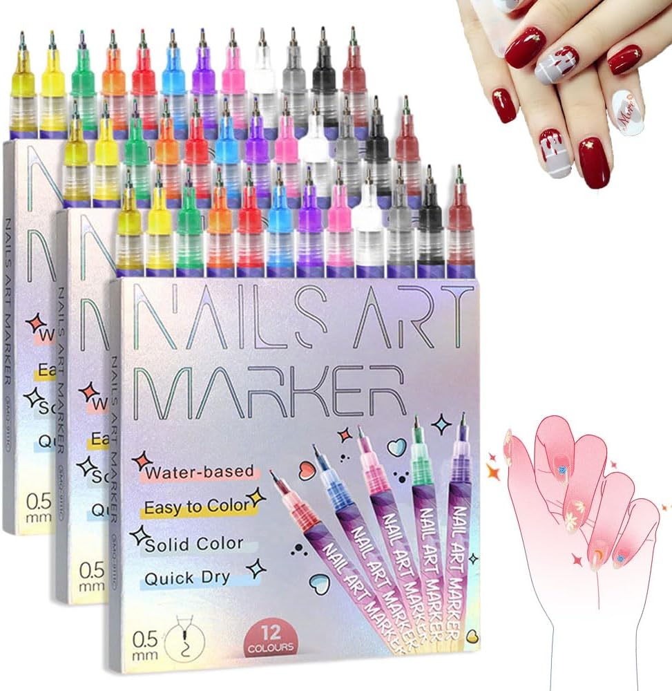 12 Colors Nail Art Pens Set, 2025 New Nail Art Markers Polish Pen, Acrylic Paint Pens Point Liner Pen Drawing Painting for Nails Art Design Manicure Nail DIY Decoration (3 set)