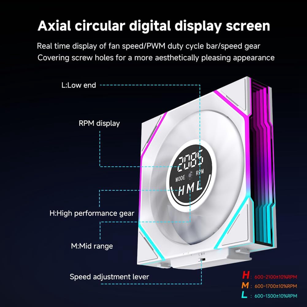 Ventola per Case da 120 mm con Display Digitale, 3 Pezzi, Dissipatore per CPU ARGB con Design A Specchio Infinito, 600-2100 /Min, Raffreddamento per Computer D