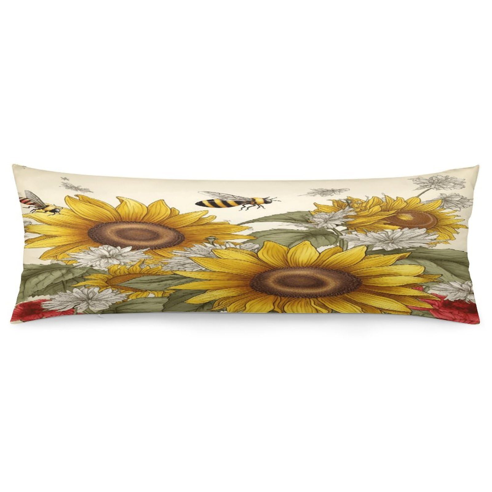 Bees Sunflowers Daisy Rose Flowers Throw Pillow Cover Soft Pillow Case Decorative Lumbar Pillow Cover Cozy Throw Pillowcase Polyester Rectangular Cushion Case Decor for Couch Sofa Bed