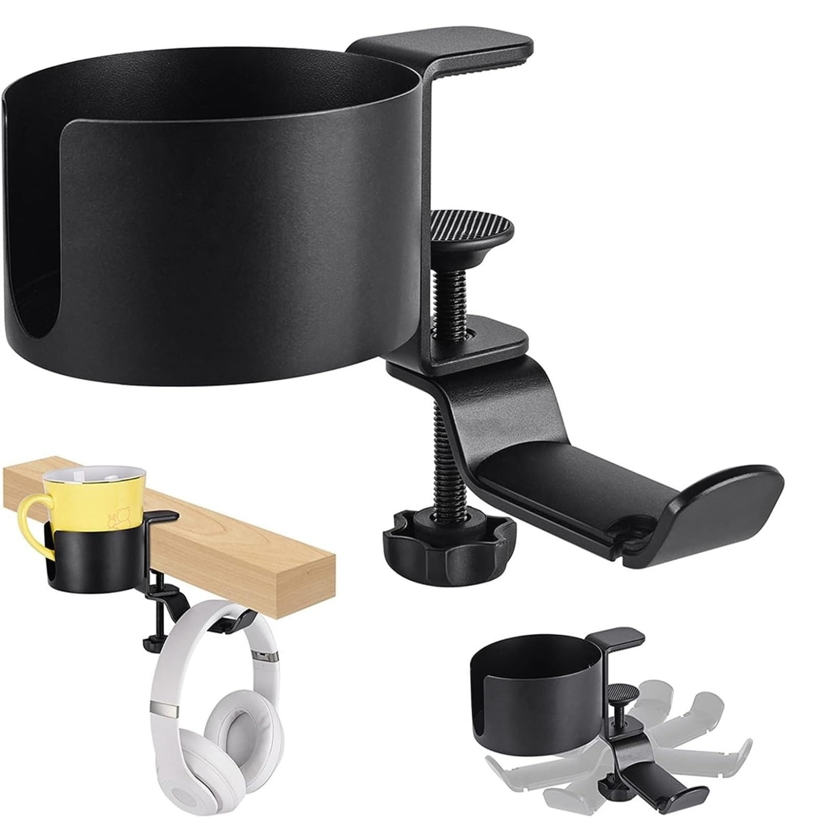 Gaming Accessori Morsetto Portabicchieri da Scrivania 2 in 1, Supporto per Cuffie sotto Il Tavolo, Gancio di Rotazione A 360° Stand Over-Ear da Gioco