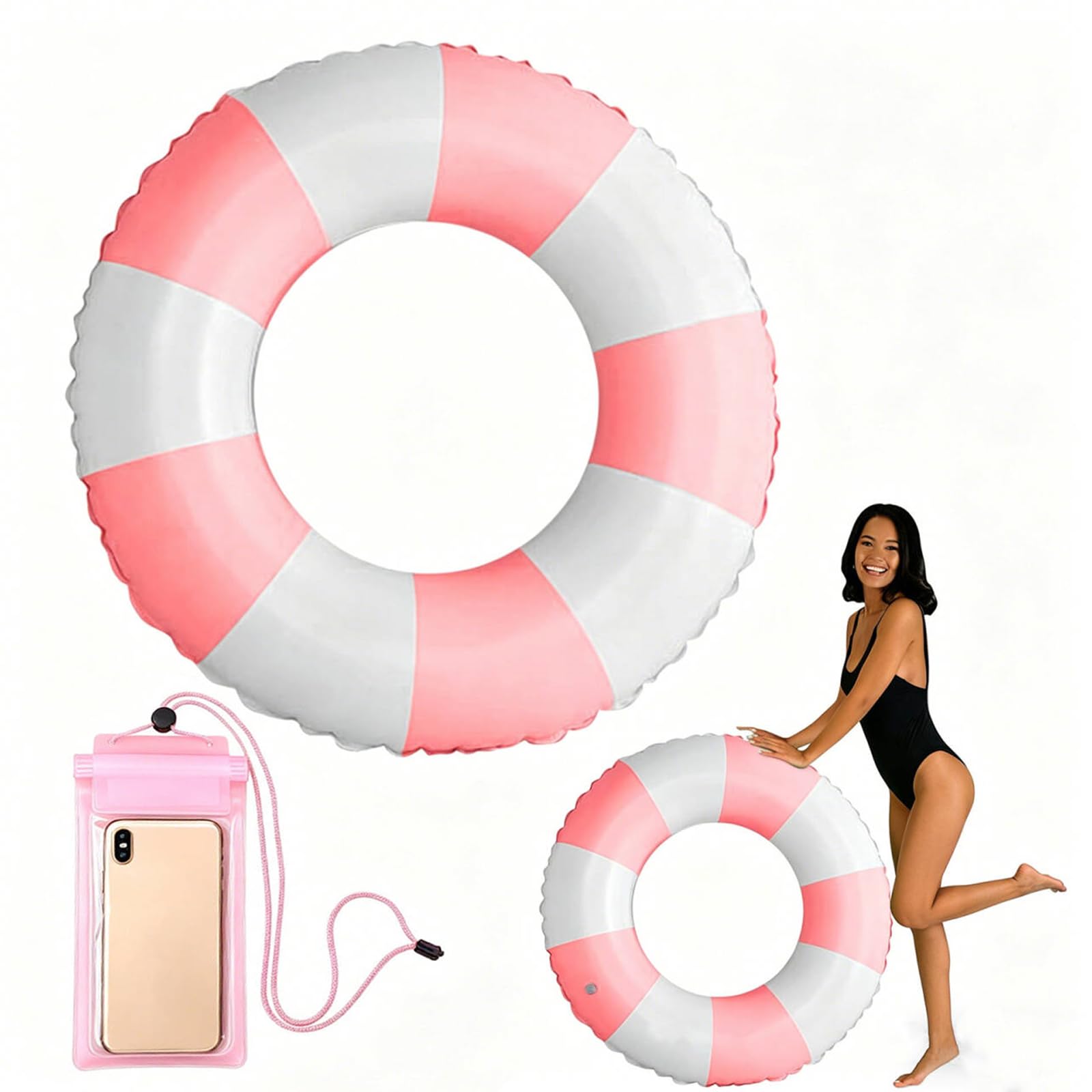 Swimming Ring, Inflatable Rubber Rings for Adults, Inflatable Pool Ring Floaties Swim Rings, Pool Float with Waterproof Phone Pouch for Summer Beach Pool Party, (Pink, 75cm)