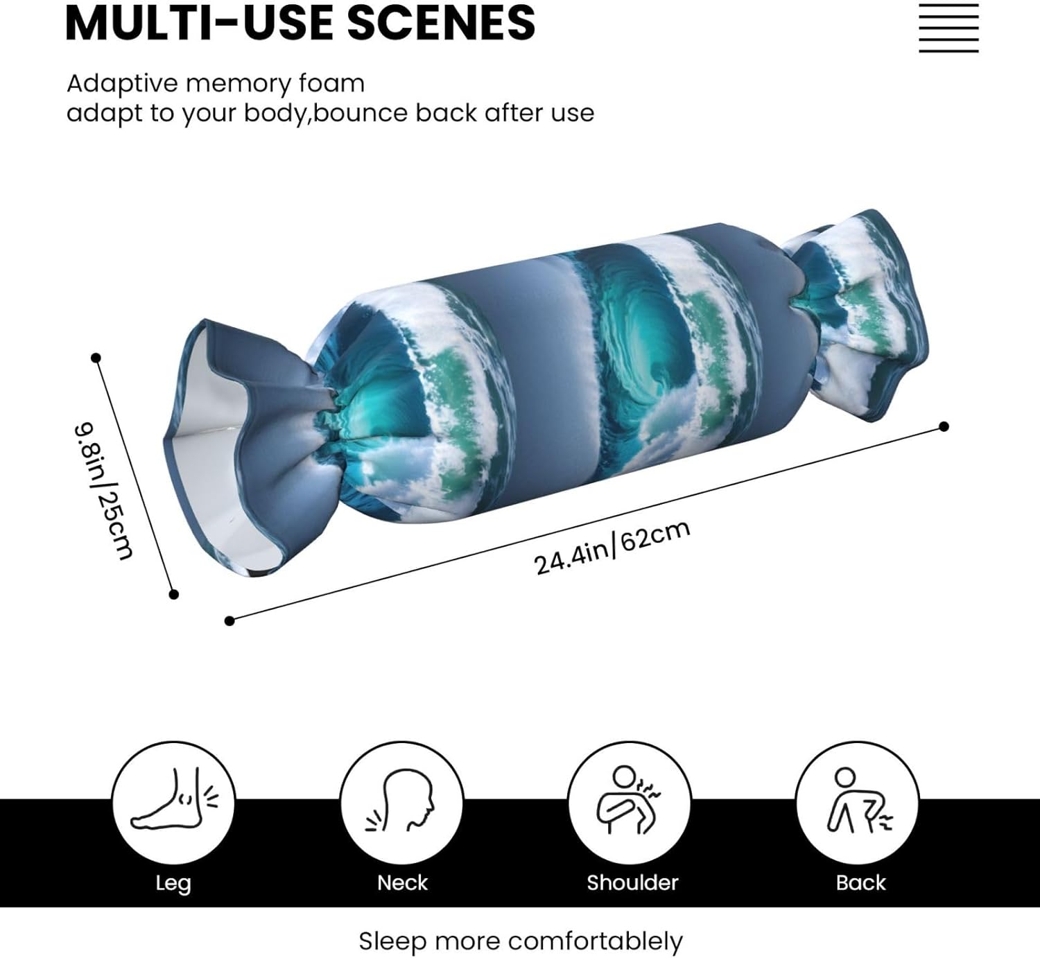 Ocean Wave Print Candy Cylindrical Eco-Friendly Pillow Soft Velvet Living Room Bedroom Travel Decor