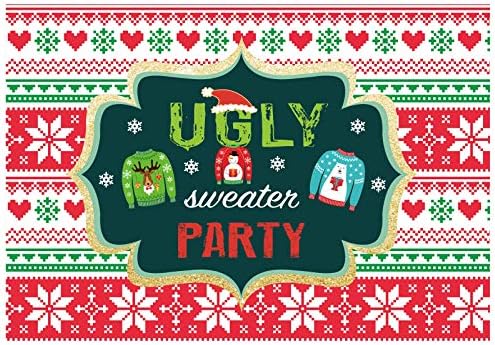 Funnytree 7x5ft Tacky Christmas Sweater Party Backdrop Red and Green Ugly Xmas Patterns Photography Background Winter Kids Elfed Photobooth Decorations Step and Repeat Banner Invitation