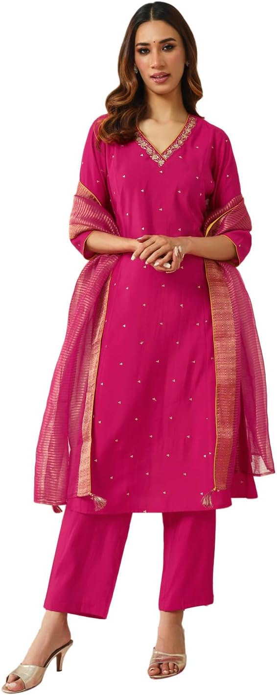 FIORRA Women's Pink Chanderi A-line Kurta with Pant and Dupatta