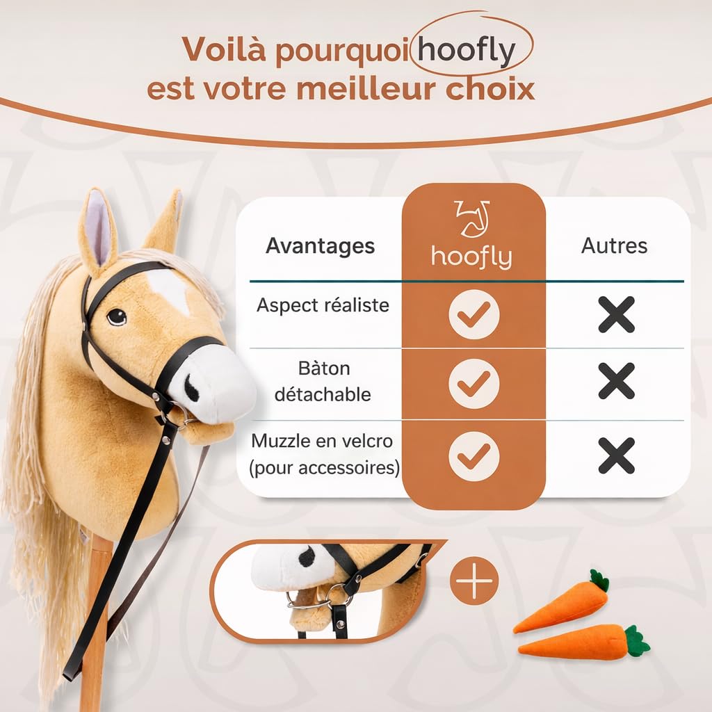 Grand Cheval à Bâton Hobby Horse Beige Haflinger A3 pour Enfants avec Tige à visser