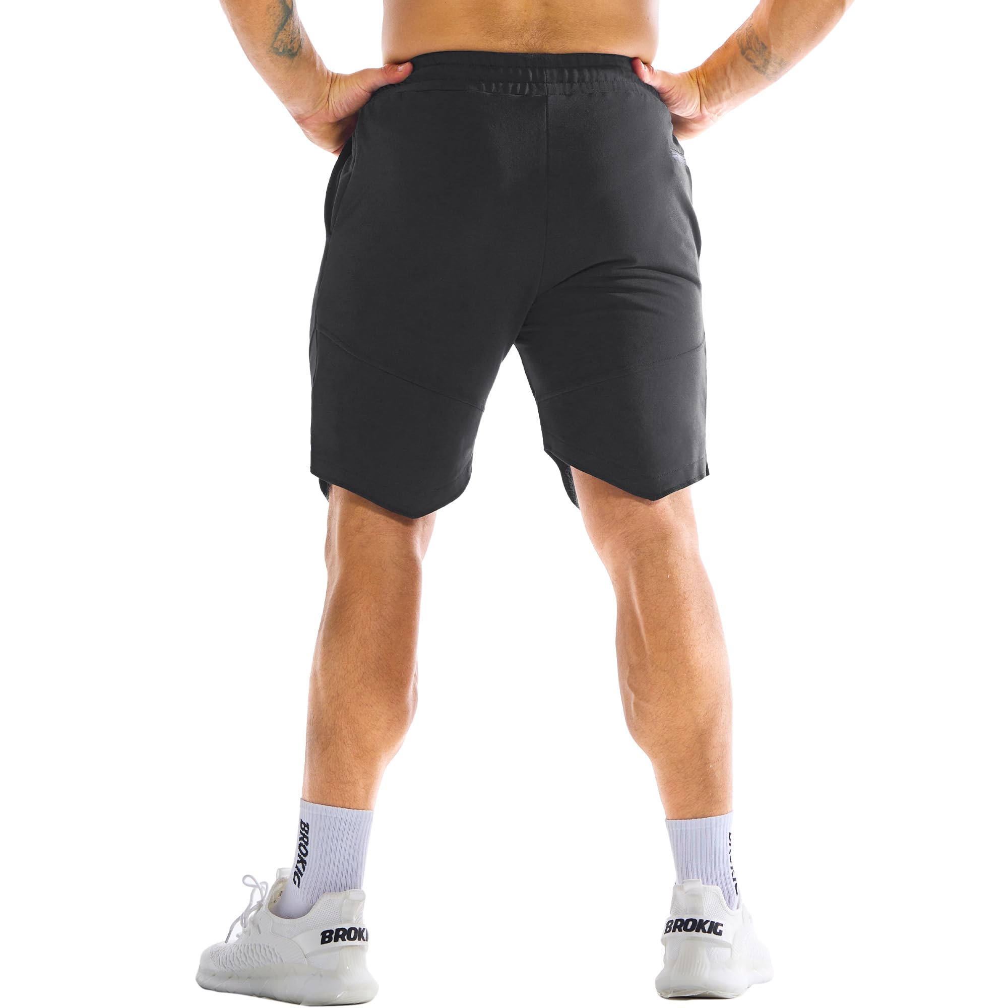 BROKIG Gym Sporthose Herren Kurz Baumwolle Fitness Shorts | Laufhose Herren Kurz mit Versteckte Reißverschlusstasche, Slim Fit Trainingshose Herren Kurz, Sport Shorts Herren