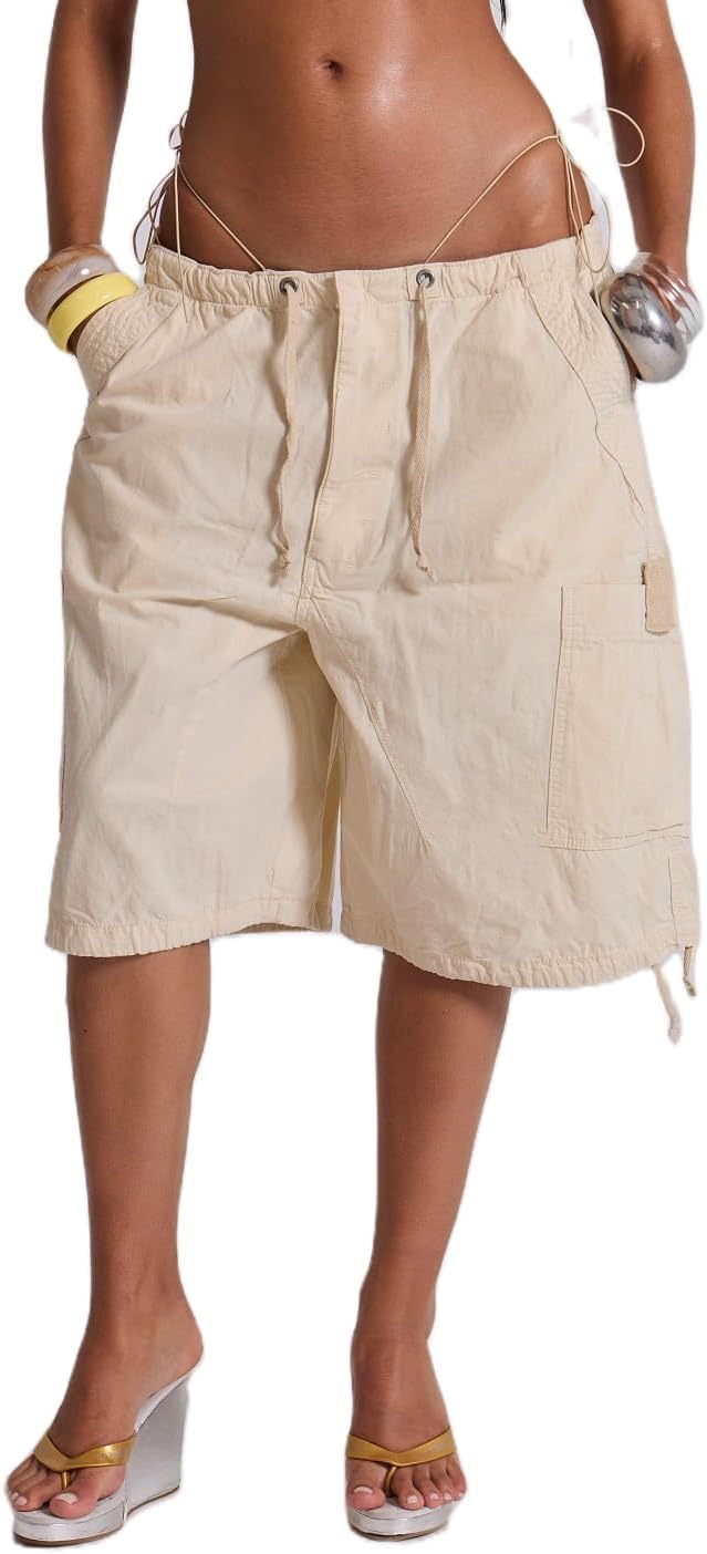 Women Baggy Cargo Jean Shorts Bermuda Drawstring Multi-Pockets Denim Shorts Straight Wide Leg Boyfrind Long Jorts