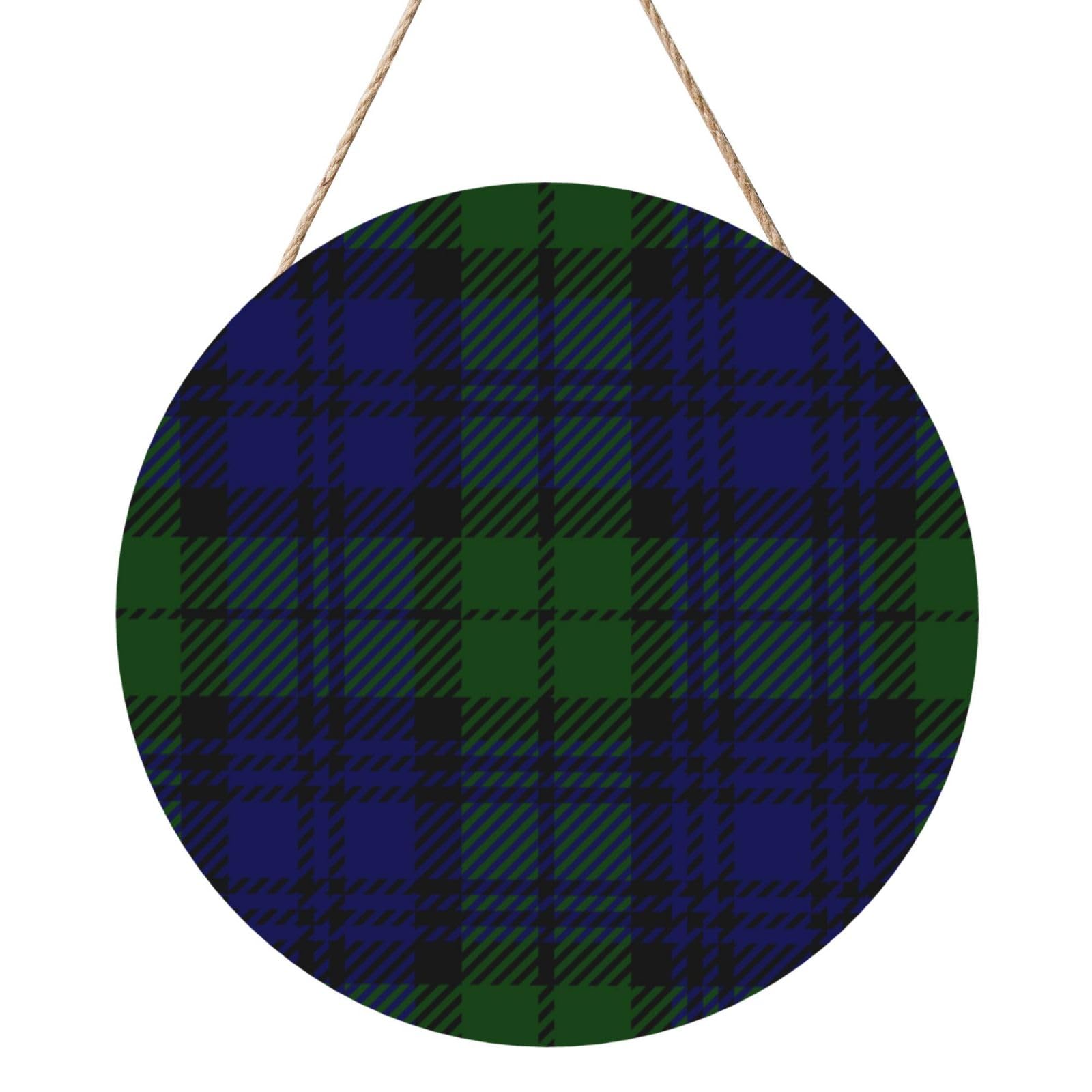 InOmak Black Watch Tartan Plaid, Round Wood Panel Painting 12 in, Wall Hanging Painting For Home