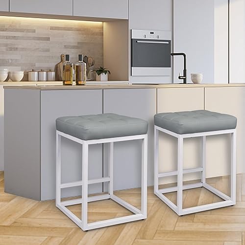 Miniatura 4 de Juego de 2 taburetes de bar con marco de 25 pulgadas, taburetes de metal de altura fija, sillas de bar de cuero retro, color gris oscuro2 sillas