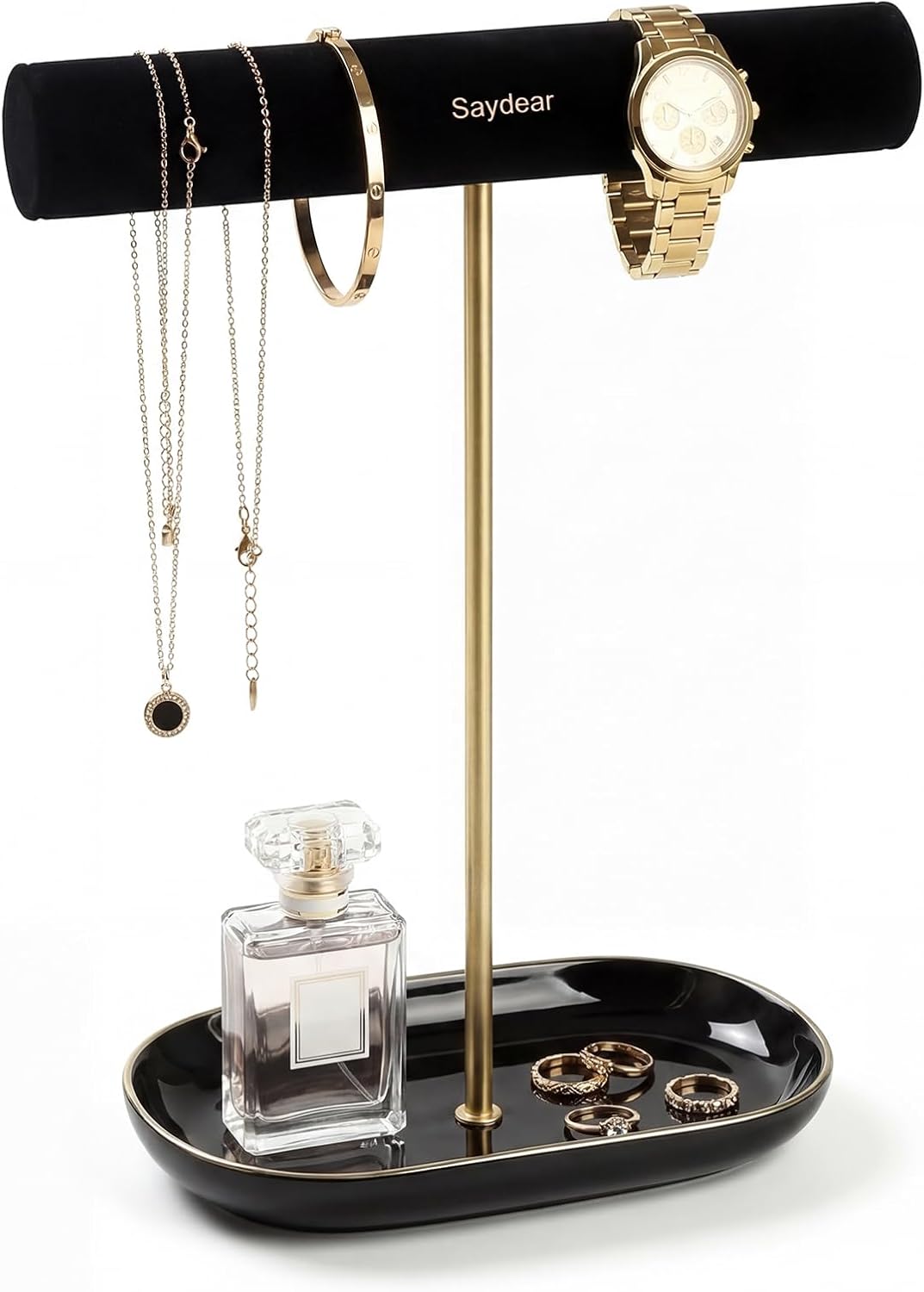 Saydear Velvet Jewelry Organizer Stand, T-Bar Necklace Holder with Ceramic Ring Dish Tray, Watch & Bracelet Display Organizer for Vanity, Dresser, Nightstand, Luxury Gift for Women Black