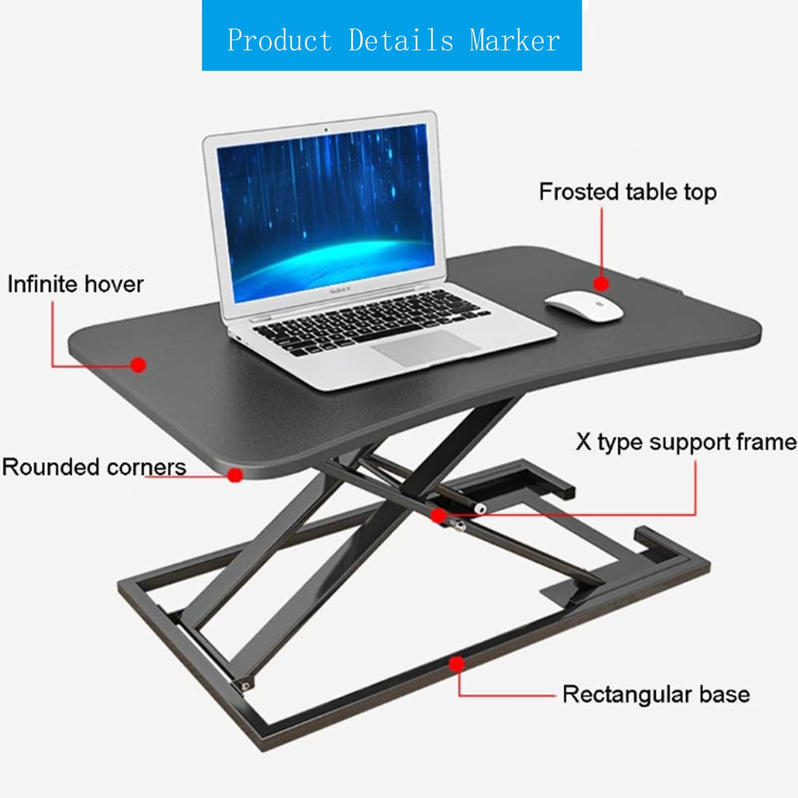 Convertisseur de bureau debout ergonomique, hauteur réglable avec plateau pour clavier, ressort à gaz pour ordinateur portable et moniteur