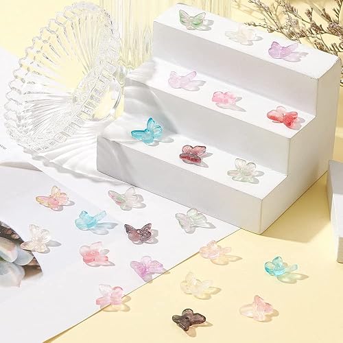 Miniatura 5 de LiQunSweet 200 cuentas de cristal de mariposa de 10 colores con purpurina en polvo transparente y esmerilado, diminutos dijes surtidos para hacer