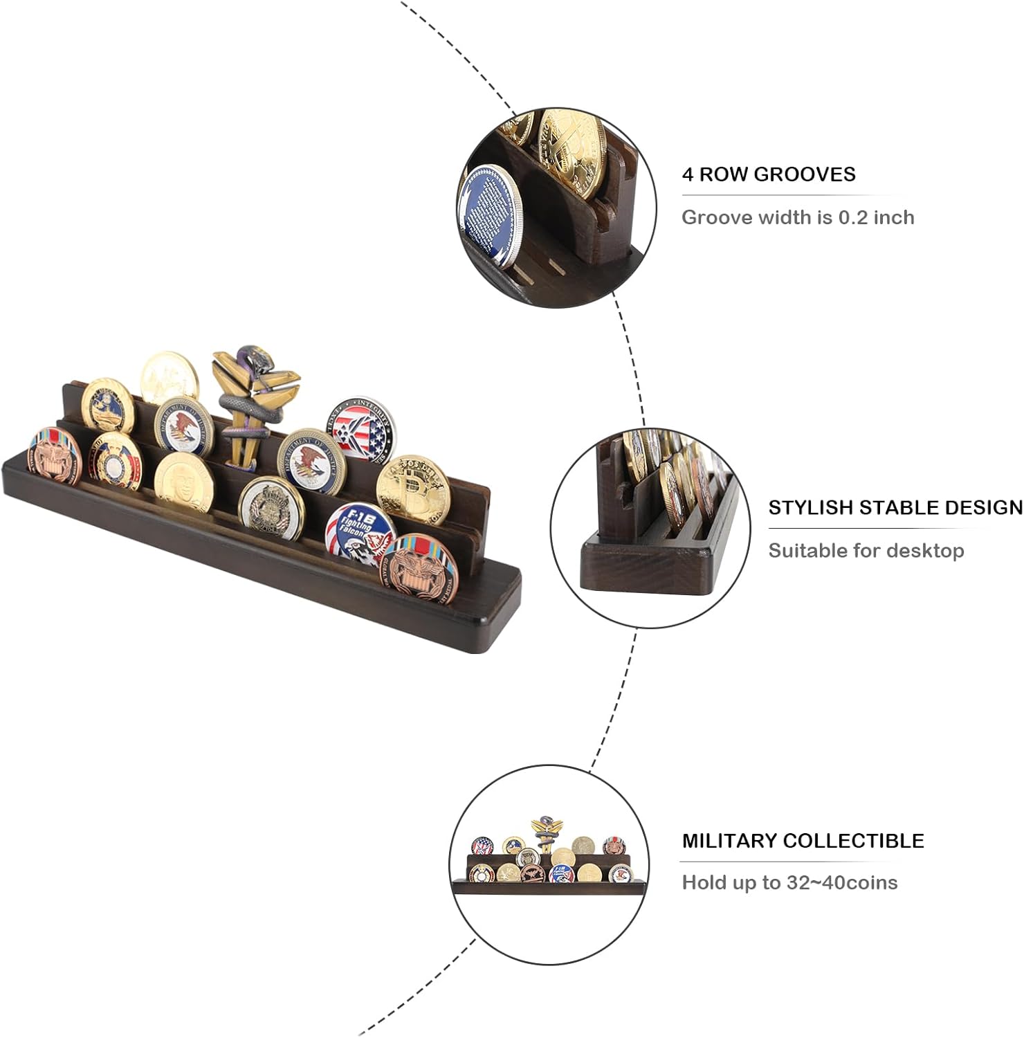 military challenge coins display holder solid wood,small challenge coin stand holds 15-18 coins,4 row army coin display rack for desk,challenge coin display case (coins not included) brown 4 row-wood