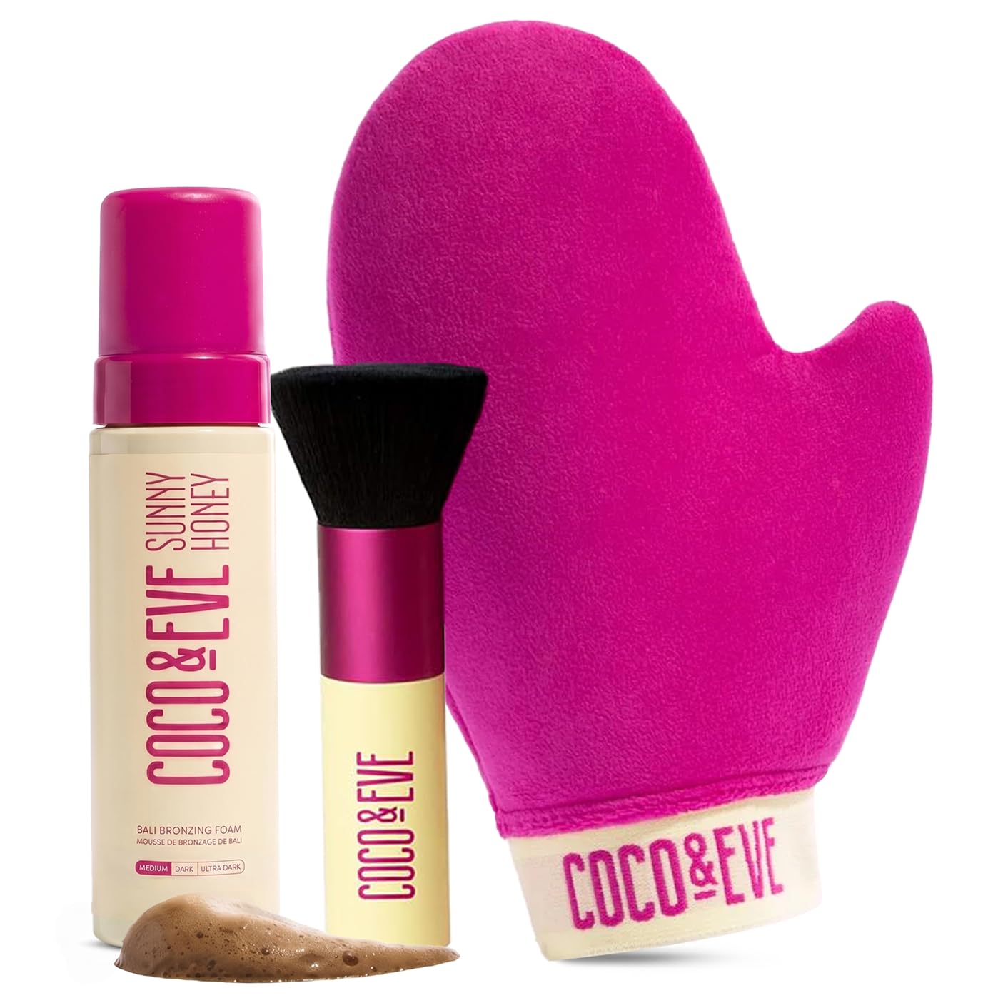 Kit de bronzage Sunny Honey Bali de Coco & Eve (moyen). Mousse de bronzage sans soleil entièrement naturelle. Lotion autobronzante instantanée avec bronzeur, gant applicateur et pinceau kabuki.