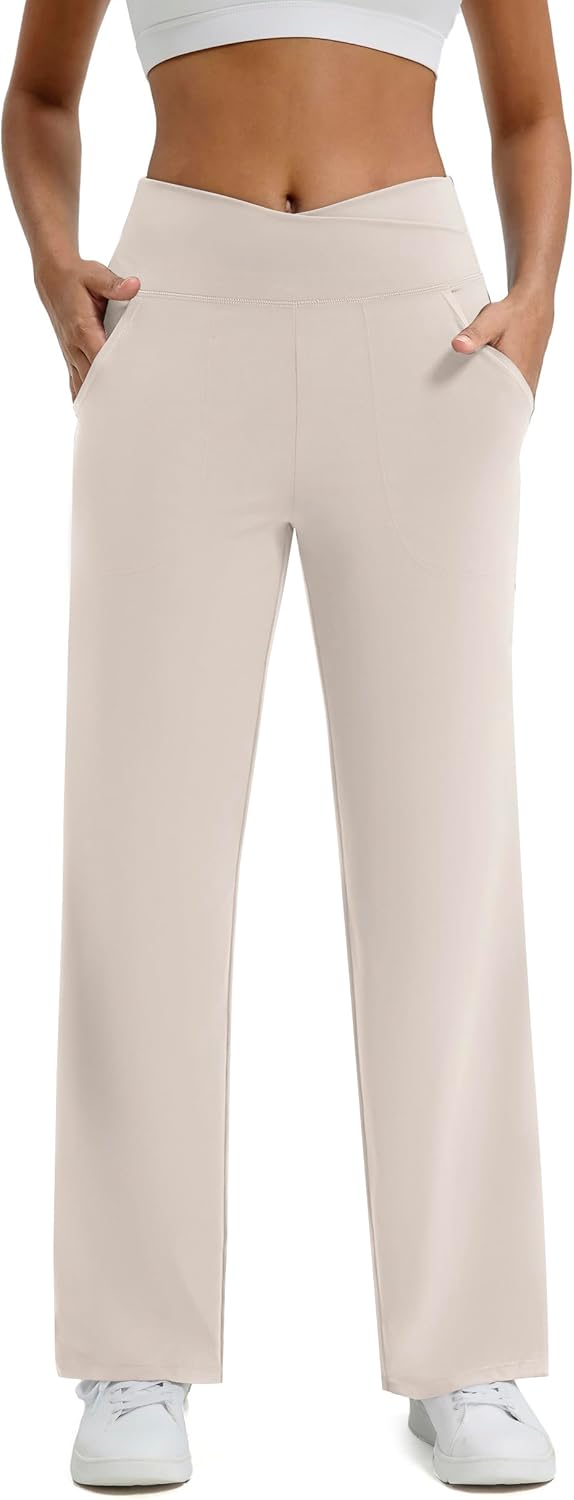Maxbee Wide Leg Pants for Women Casual Work Pants Crossover High Waisted Yoga Pants with Pockets