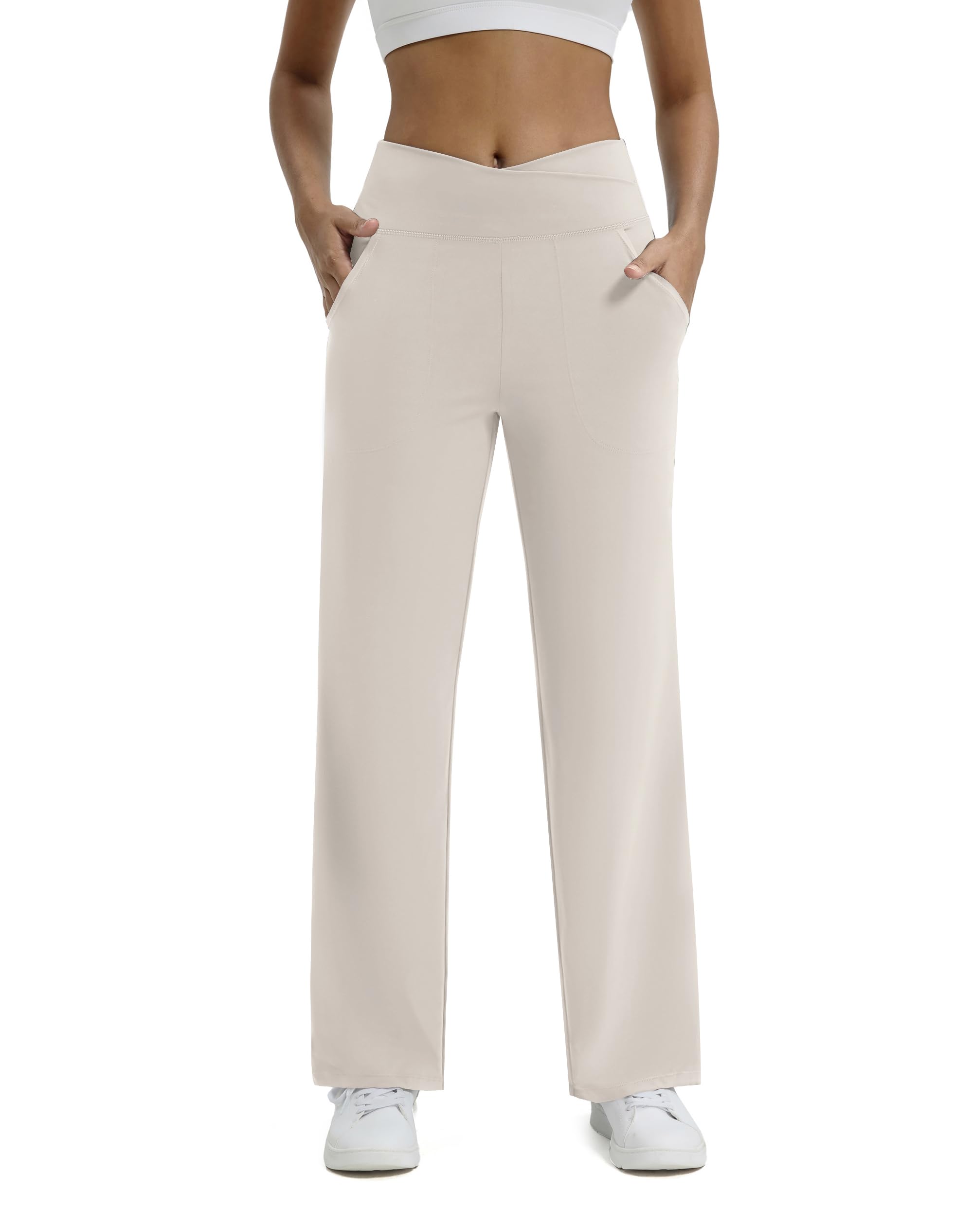 Maxbee Wide Leg Pants for Women Casual Work Pants Crossover High Waisted Yoga Pants with Pockets