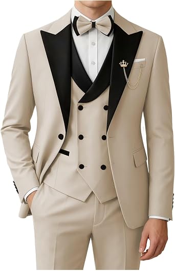 Mens Tuxedo Suit 3 Piece Slim Fit Suits with Bow Tie | Tuxedo jacket with black lapel,double breasted vest and pants,perfect for weddings, parties and business events