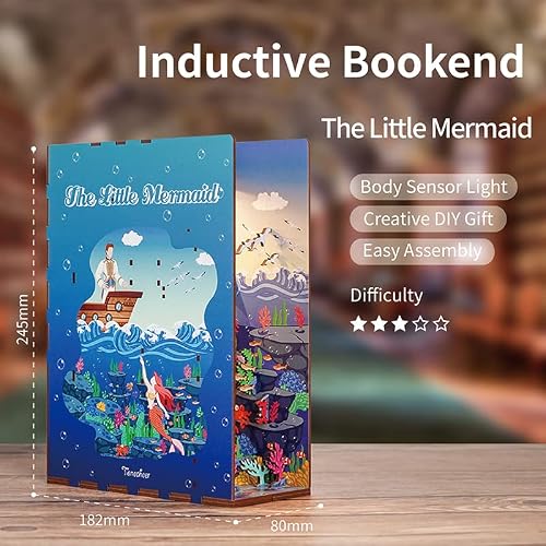 Tonecheer The Little Mermaid Diy Wooden Bookend, Creative Booknook, 3D Puzzle Decorative Bookshelf Insert Diorama Kit With Led Light And Body Sensor #TOP2