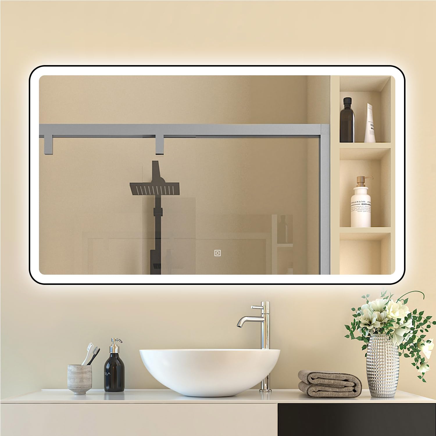 Biubiubath 1200x700mm Bathroom Mirror with LED Lights and Demister Dimmable 3 Colour Touch Sensor Wall Mounted Bathroom Mirrors with Black Metal Frame