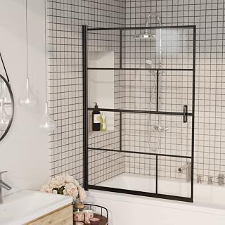 Shower Enclosure 39.4x55.1 Inch Walk-in Screen with Black Grid Printing, Modern ESG Single-Layer Safety Glass Shower Cabin Panel, Aluminum Profile