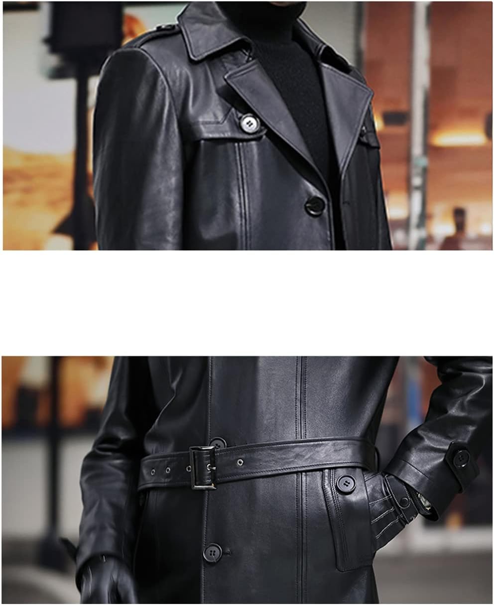 Men Long Sleeve Lapel Belt Autumn Soft Faux Leather Coats Spring Long Waterproof Leather Blazer Jacket
