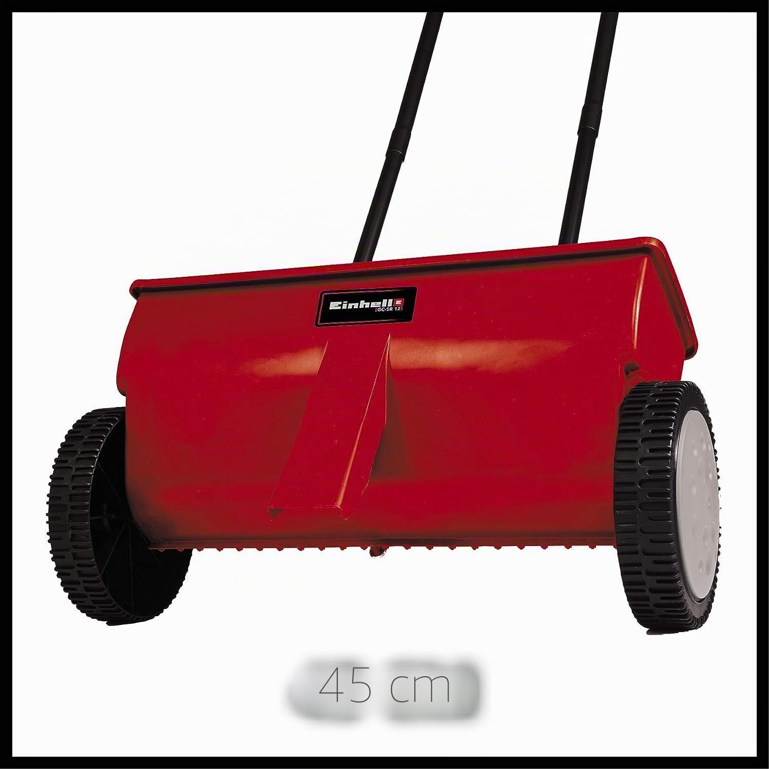 Einhell Carro esparcidor manual - GT-M-GT-39. (Ancho de esparcimiento de 45 cm, capacidad de 12 Litros, diámetro de las ruedas de 200 mm). Barra de empuje doble. Cierres de resorte en ambos lados
