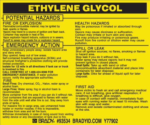 Étiquette éthylène glycol Brady 93534 haute visibilité jaune pour marquage de sécurité