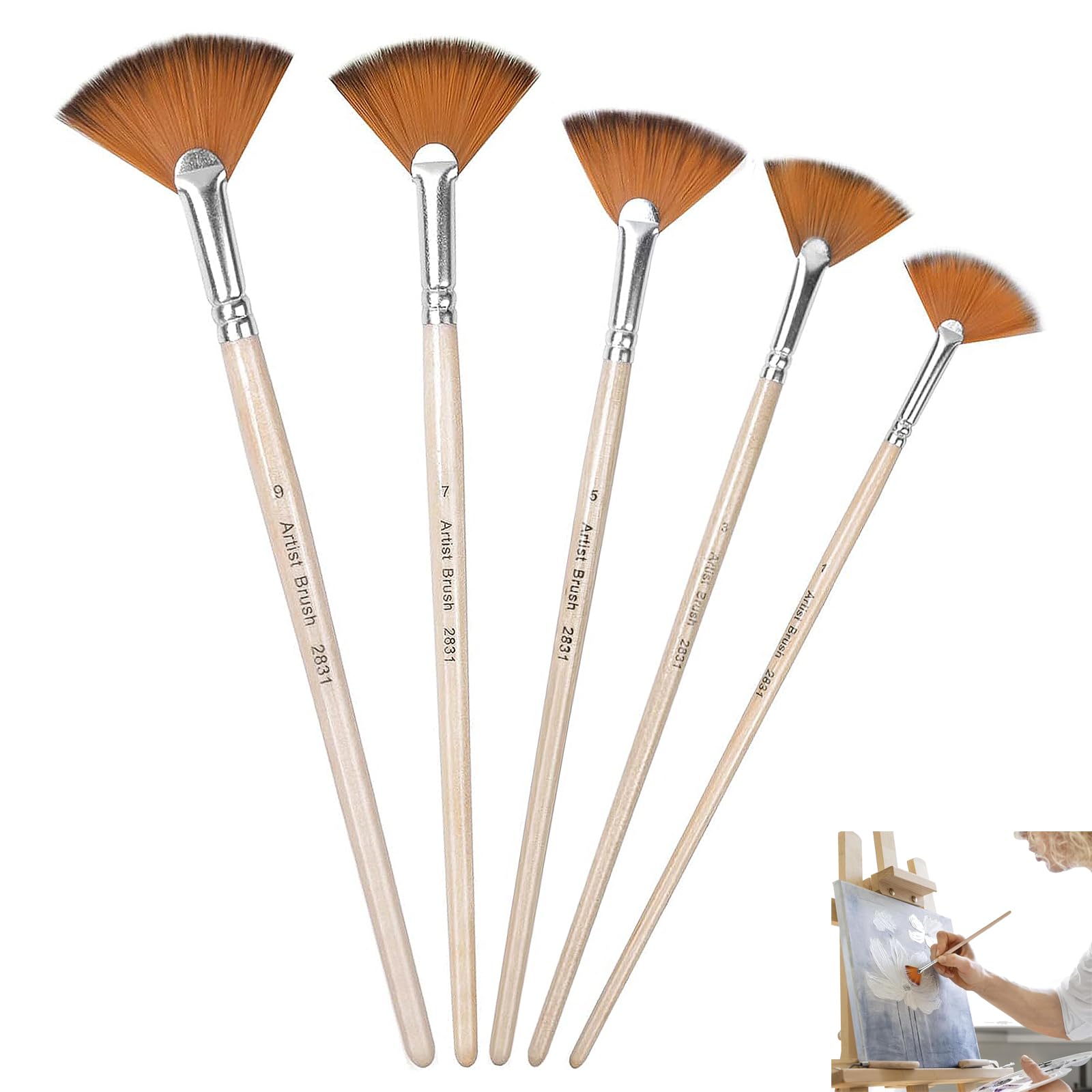 Wqedvn Wooden 5 Pcs Fan Brushes For Acrylic Painting, Hake Brush, Fan Paint Brush, Fan Brushes For Watercolour Painting, Artist Fan Brushes Set, For Oil, Watercolour, Beginners, Artists, Professionals