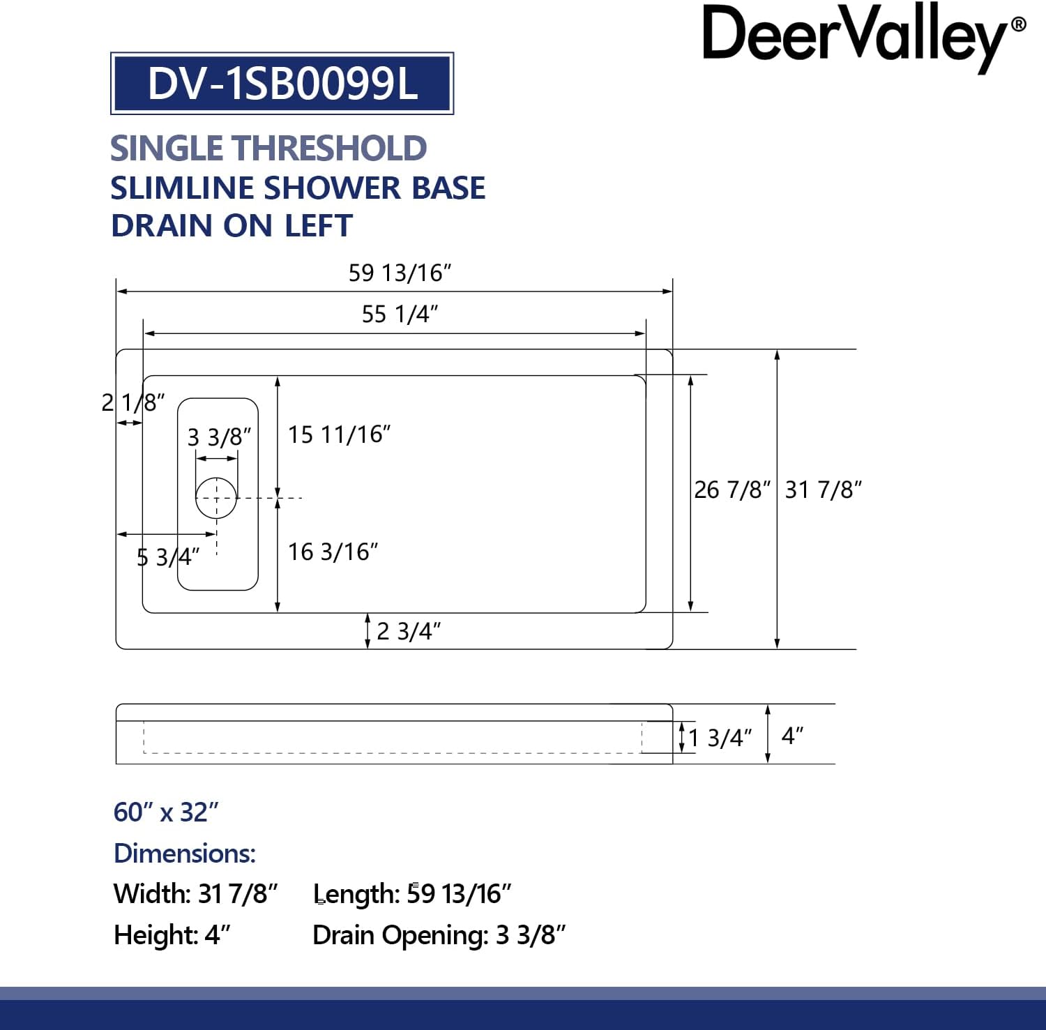 DeerValley 60"L X 32"W Single Threshold Shower Base in White, Stainless Steel Drain and Cover Included, Left Drain Location, Rectangle Acrylic Shower Pan, Non-slip Design
