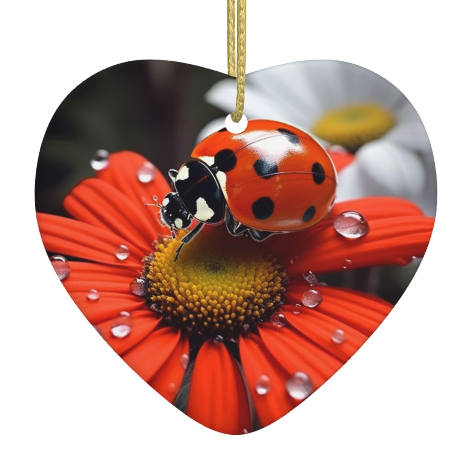 Ceramic Christmas Tree Hanging Ornaments with Gold Ropes Christmas Tree Decorations Heart Ceramic Ladybug Daisy Pendant Keepsake Decorations for Holiday Xmas Gift Ideas