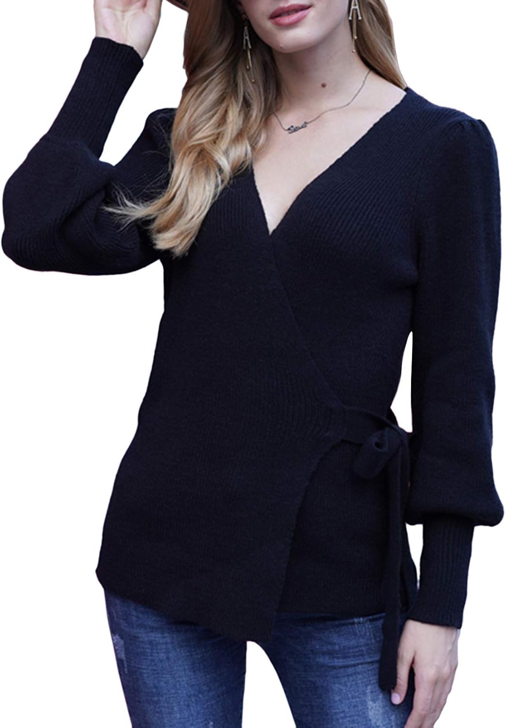 Lu's Chic Women's Wrap Sweaters Long Bishop Sleeve Belted V Neck Knitwear Self Tie Cardigan Black Medium