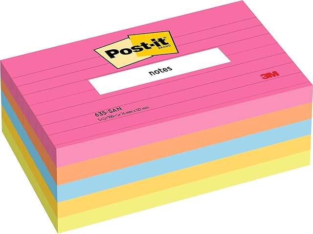 Post-it Notes - Neon Colours: Fuschia, Green, Citrus, Orange, Pink - 5 Pads Per Pack - 100 Sheets Per Pad - 76 mm x 127 mm