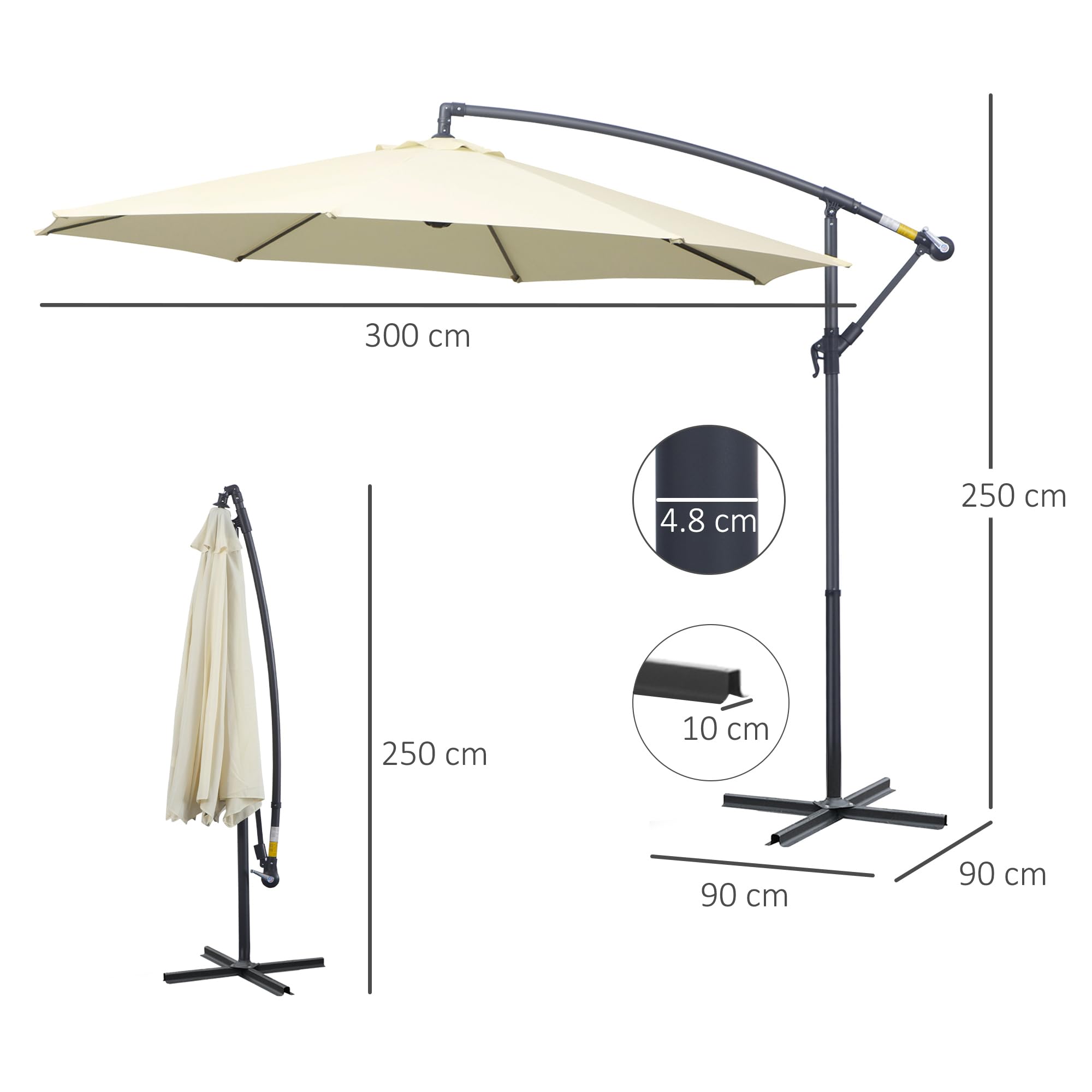 Outsunny Ombrellone da Giardino Ø3x2.5 m Inclinabile, Ombrellone Decentrato con Base a Croce e Manovella, in Metallo e Poliestere a Stecche, per Esterno Balcone Resistente ai Raggi UV, Beige