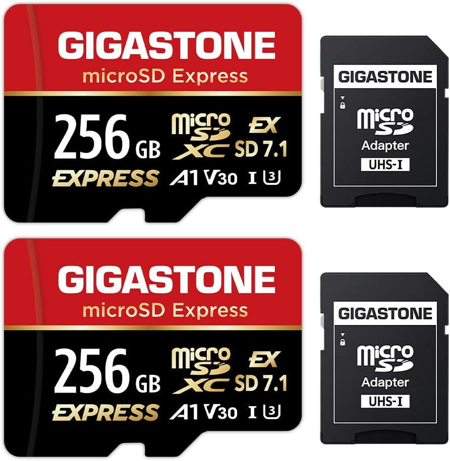 【Designed for Switch 2】GIGASTONE 256GB microSD Express 2-Pack, MicroSDXC Express Memory Card SD 7.1 Speed up to R/W 880/650MB/s for Nintendo-Switch 2, Professional Camera, A1 V30 U3, with 2 SD Adapter