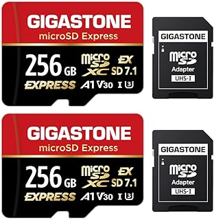 GIGASTONE 256 GB microSD Express 2 unidades, cartão de memória MicroSDXC Express SD 7.1 Velocidade até R/W 880/650MB/s para Nintendo-Switch 2, câmera profissional, A1 V30 U3, com 2 adaptadores SD