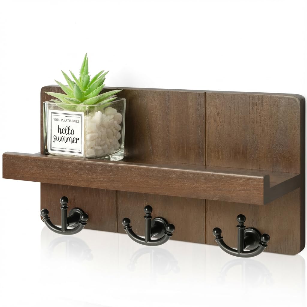 Rebee Vision Farmhouse Key Holder for Wall with Shelf: Decorative Mail Organizer and Key Rack Wall Mount with 3 Anchor Hooks - Rustic Entryway Decor (