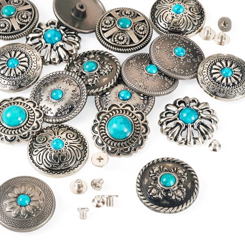KISSITTY 18 Set Alloy Decoration Rivets Studs Faux Turquoise Rivets Leather Decorative Conchos Vintage Western Style Conchos Metal Rapid Rivet Metal Screw Back Button for DIY Shoes Bag Belt Garment