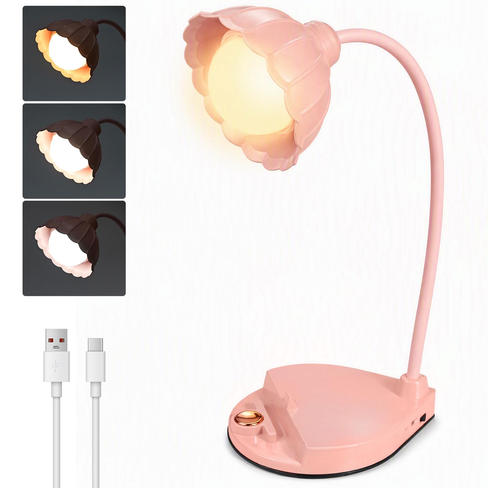 LED Flower Desk Lamp -Usb Rechargeable 3 color Modes Dimmable Touch Control