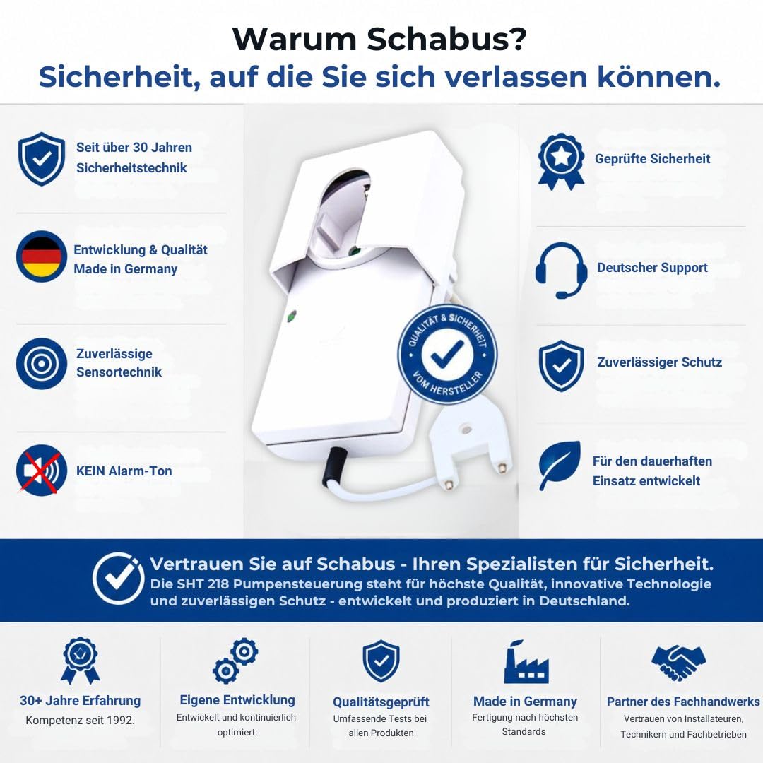 Schabus SHT 218 Wassermelder zur Pumpensteuerung ohne Akustik. Schaltet angeschlossene Pumpe bei Wasserkontakt EIN und nach einstellbarer Nachlaufzeit und Abtrocknen des Sensors wieder AUS.