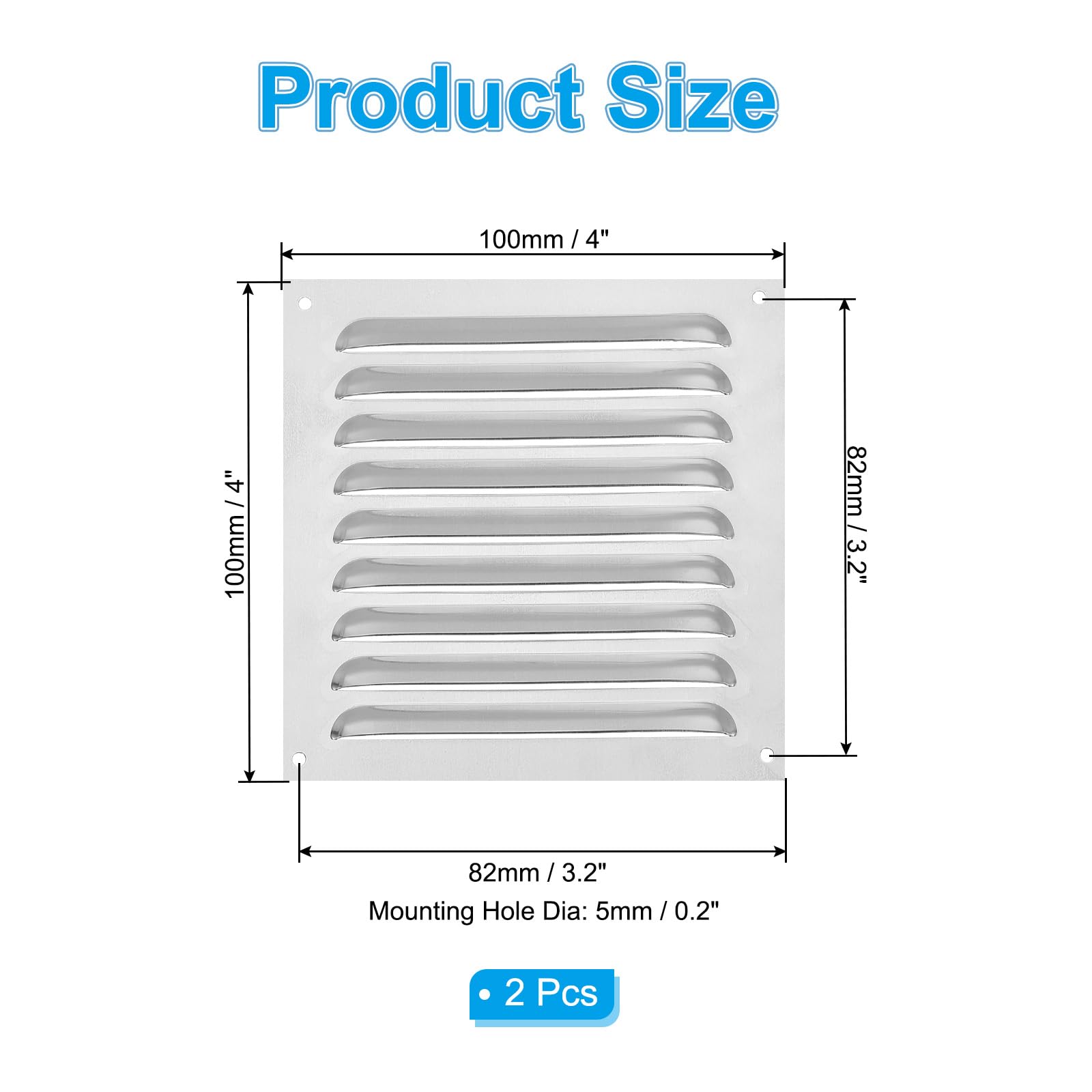 PATIKIL 4 x 4 Inch Aluminum Vent Cover, 2 Pack Screen Air Grille Ventilation Cover HVAC Louvered Grill for Home Kitchen Fireplace Wall Ceiling, Silver Tone - Image 2
