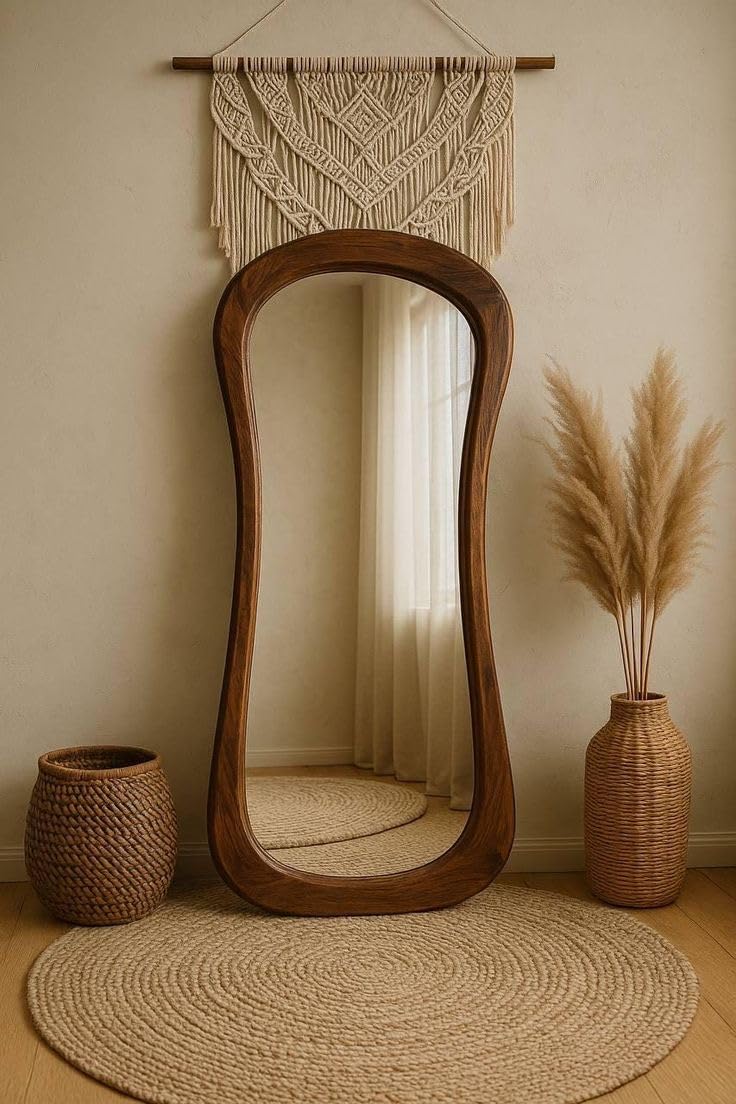 DENCOITRY Rustic Full Length Floor Mirror, Curved Wooden Frame, Natural Oak Finish, Modern Boho Style, Standing Design || 60x24 Inches || Without Mirror ||-image-14