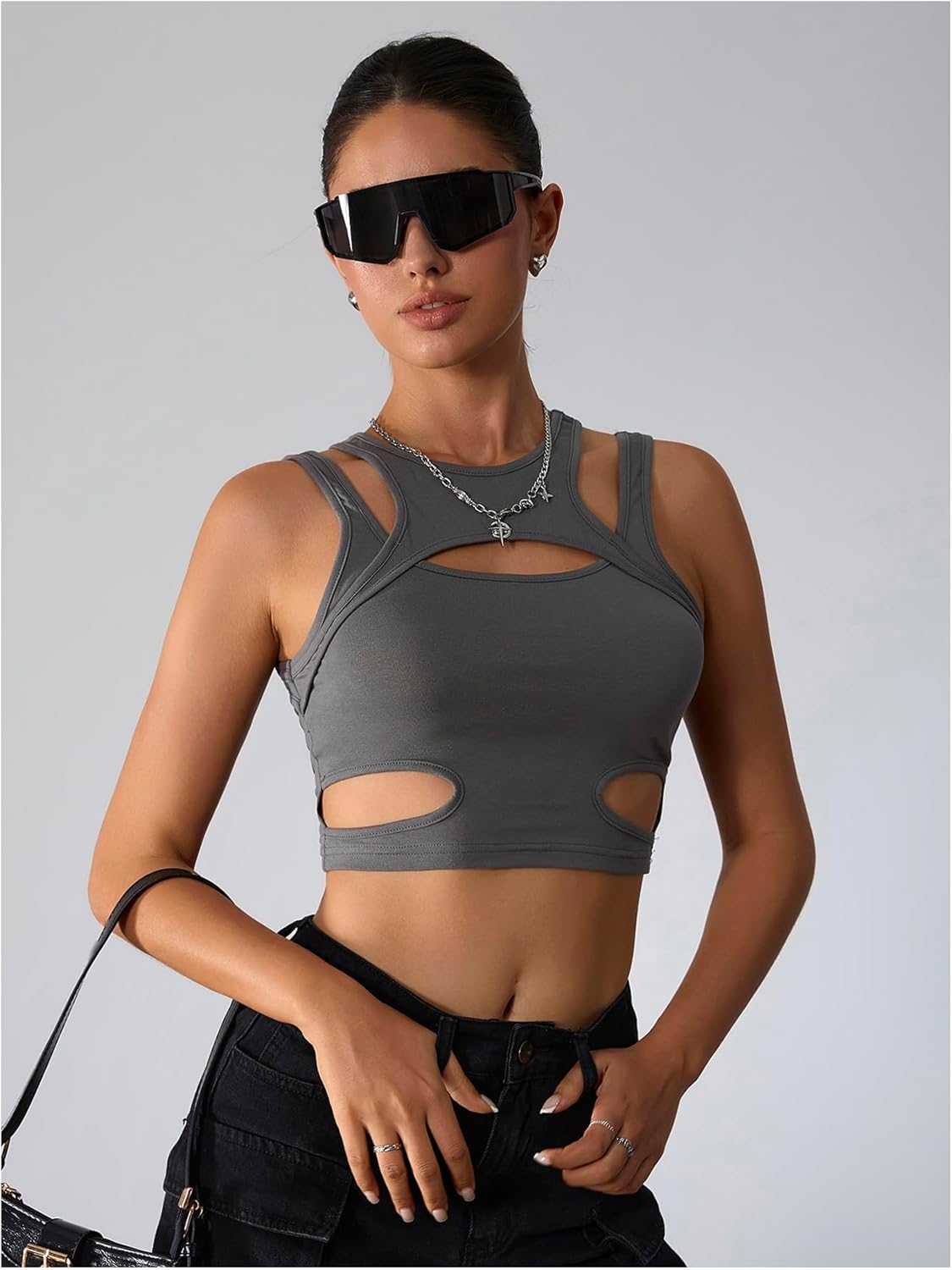 Milumia Women's Cut Out Gothic Tank Top Sexy Going Out Crop Tops Rave Outfits - Image 4